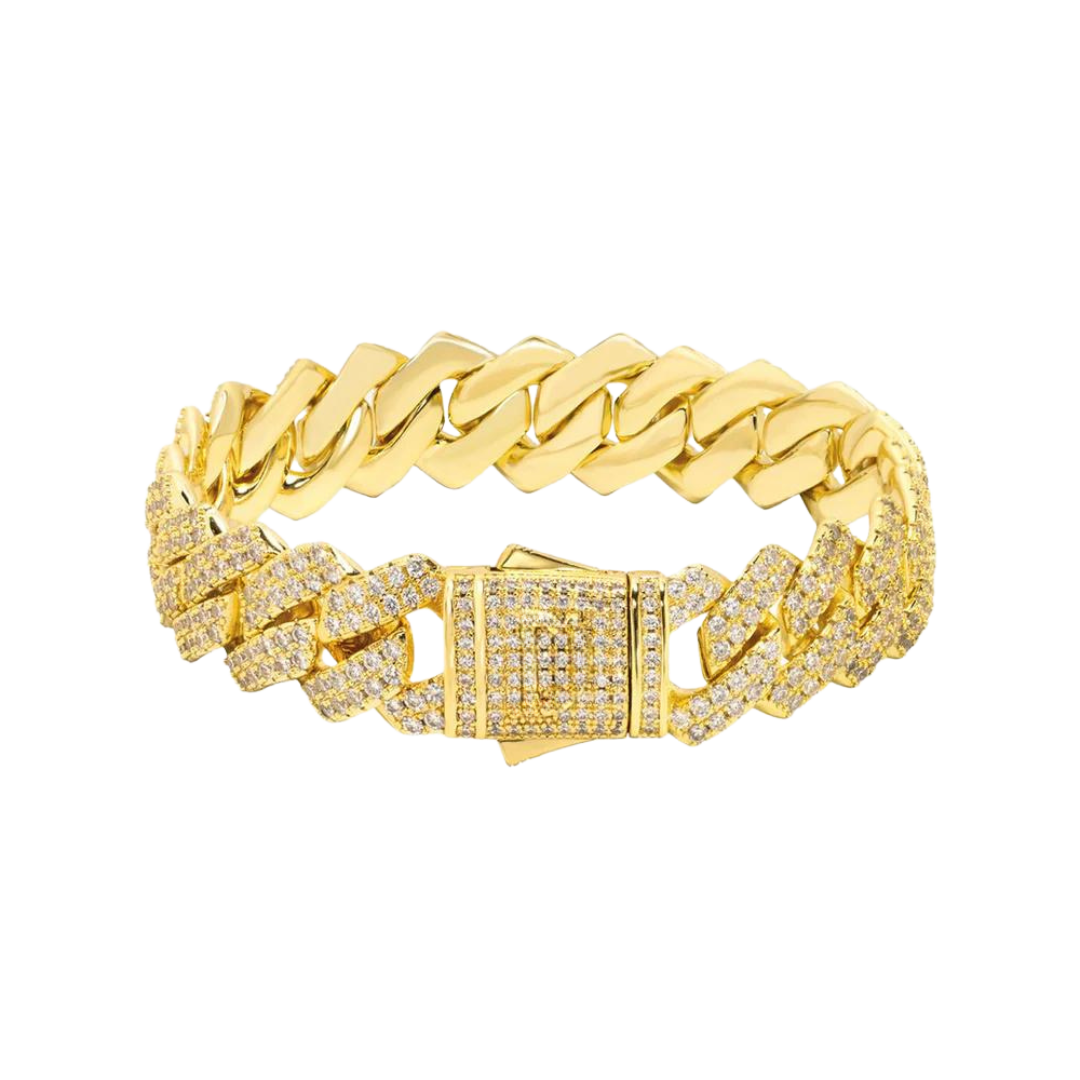 Luxurious Iced Prong Bracelet crafted in 18K Gold with 13MM links, featuring prong-set dazzling gemstones for a high-impact and sophisticated statement piece.