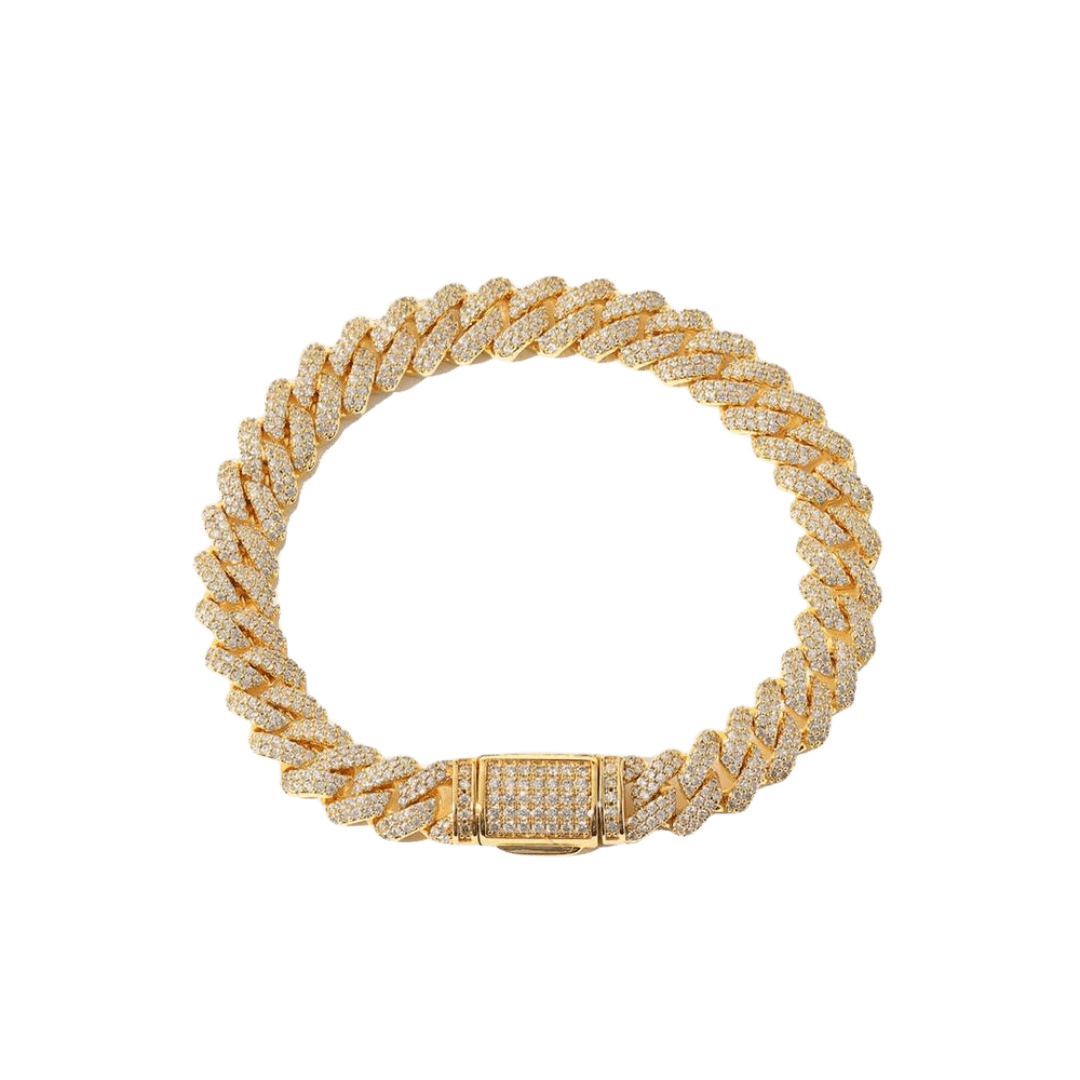 Elegant Iced Prong Bracelet crafted in 18K Gold with 9MM links, featuring prong-set dazzling gemstones for a sophisticated and eye-catching statement piece.