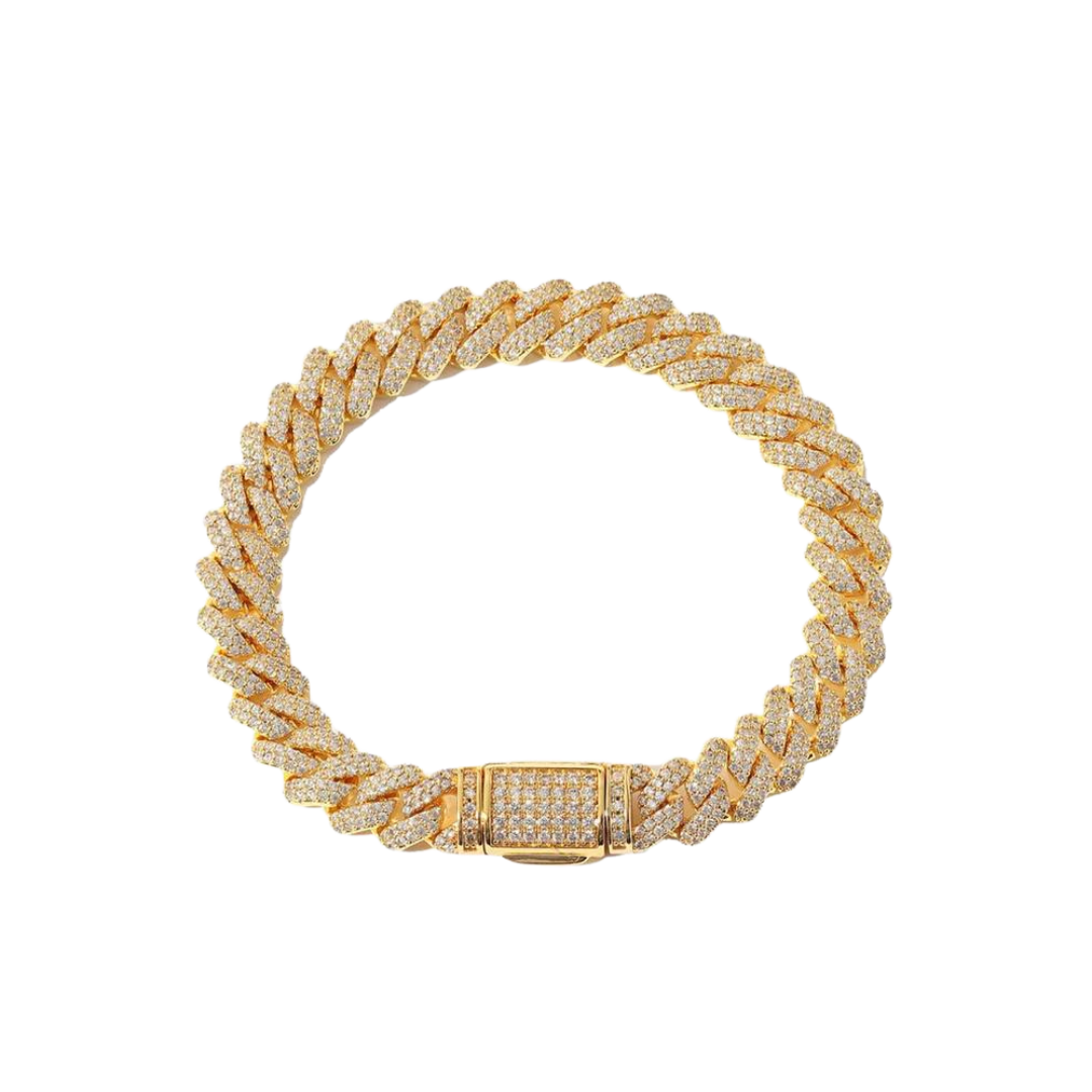 Elegant Iced Prong Bracelet crafted in 18K Gold with 9MM links, featuring prong-set dazzling gemstones for a sophisticated and eye-catching statement piece.