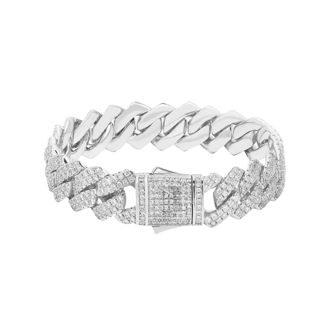 Luxurious Iced Prong Bracelet crafted in White Gold with 13MM links, featuring prong-set dazzling gemstones for a high-impact and sophisticated statement piece.