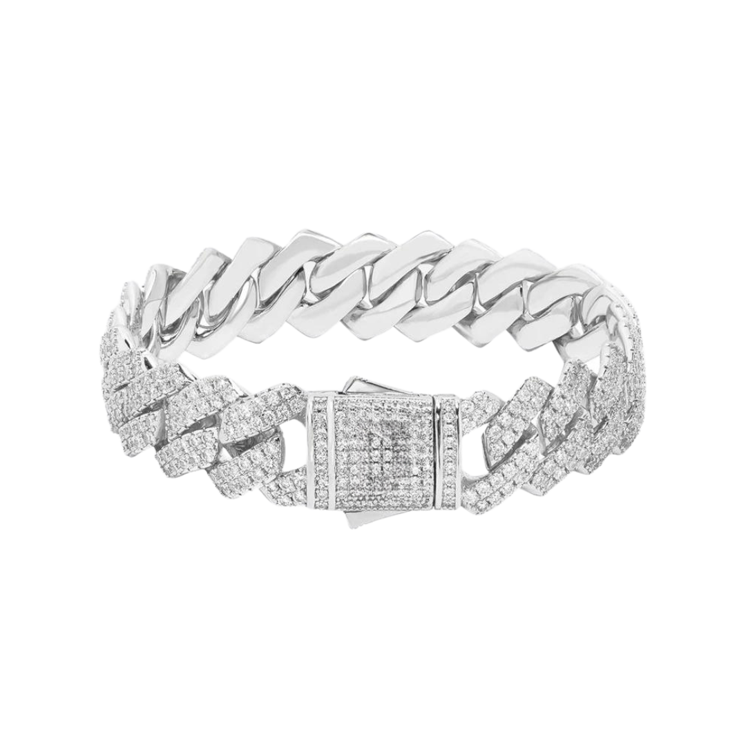 Luxurious Iced Prong Bracelet crafted in White Gold with 13MM links, featuring prong-set dazzling gemstones for a high-impact and sophisticated statement piece.