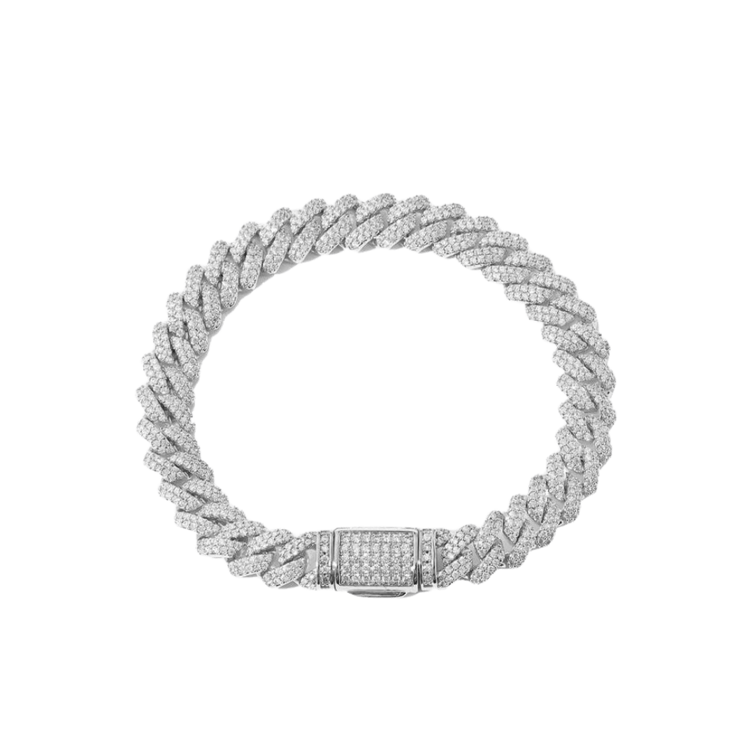 Stylish Iced Prong Bracelet crafted in White Gold with 9MM links, featuring prong-set dazzling gemstones for a sophisticated and elegant statement piece.