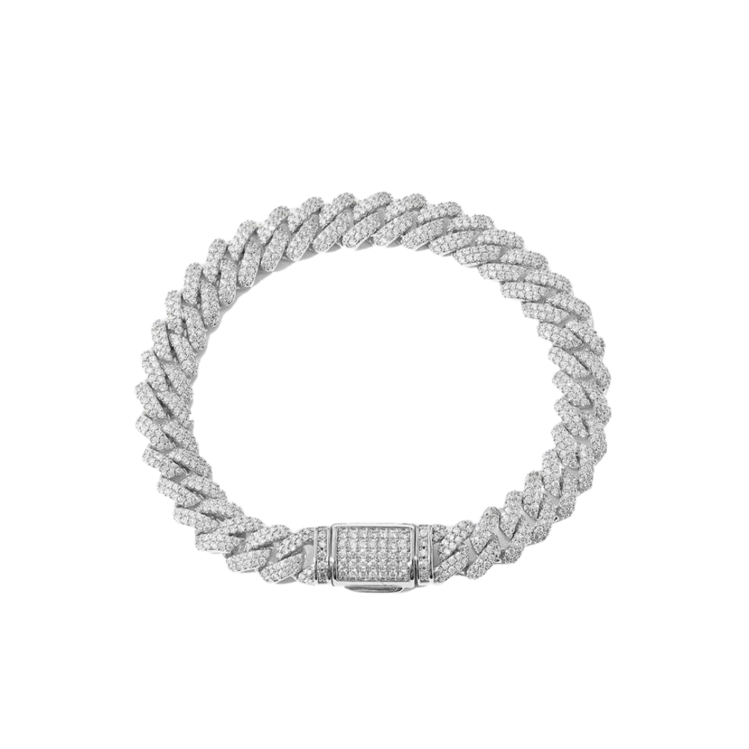 Stylish Iced Prong Bracelet crafted in White Gold with 9MM links, featuring prong-set dazzling gemstones for a sophisticated and elegant statement piece.