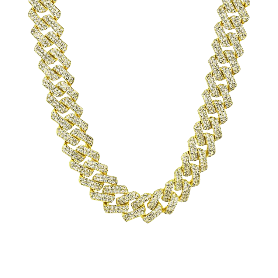 Stunning Iced Prong Chain crafted in 18K Gold with 13MM links, featuring prong-set dazzling gemstones for a bold and sophisticated statement piece.