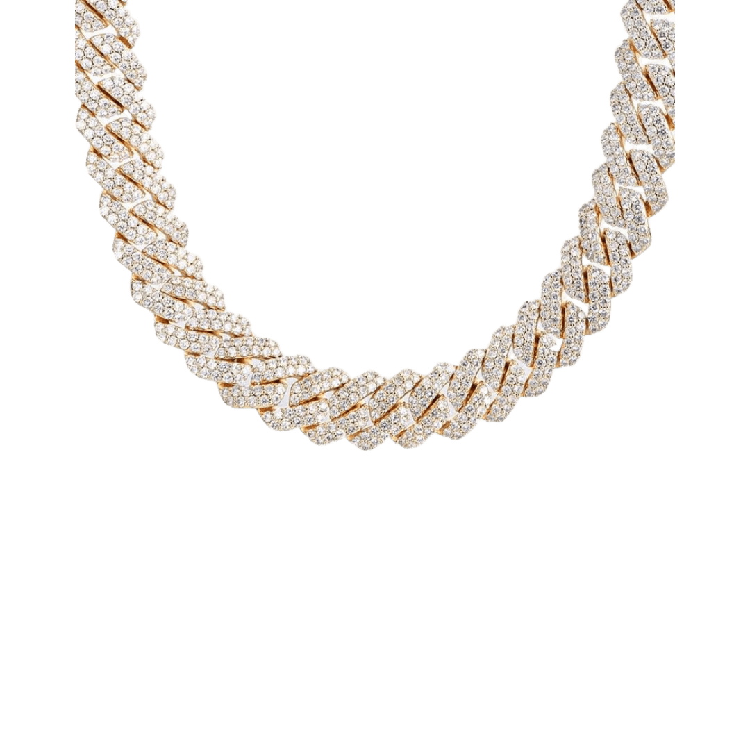 Exquisite Iced Prong Chain crafted in 18K Gold with 18MM links, featuring prong-set dazzling gemstones for a striking and sophisticated statement piece.