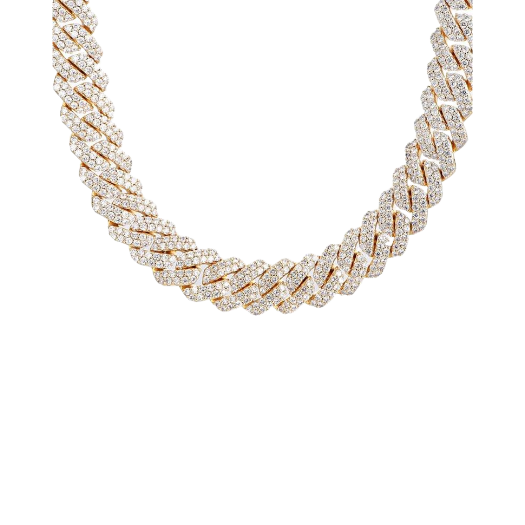 Exquisite Iced Prong Chain crafted in 18K Gold with 18MM links, featuring prong-set dazzling gemstones for a striking and sophisticated statement piece.