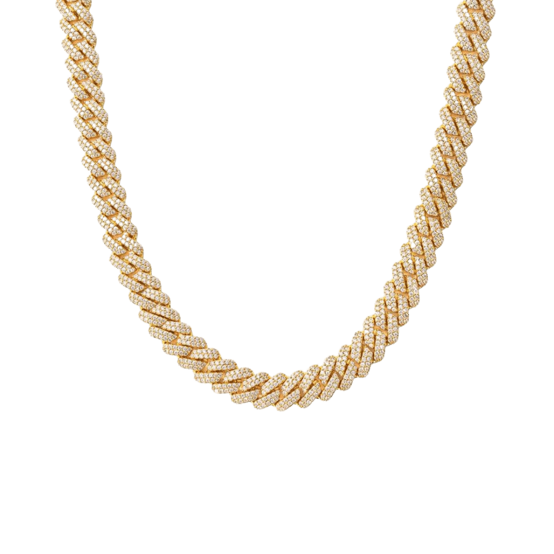 Stylish Iced Prong Chain crafted in 18K Gold with 9MM links, featuring prong-set dazzling gemstones for a sophisticated and eye-catching statement piece.