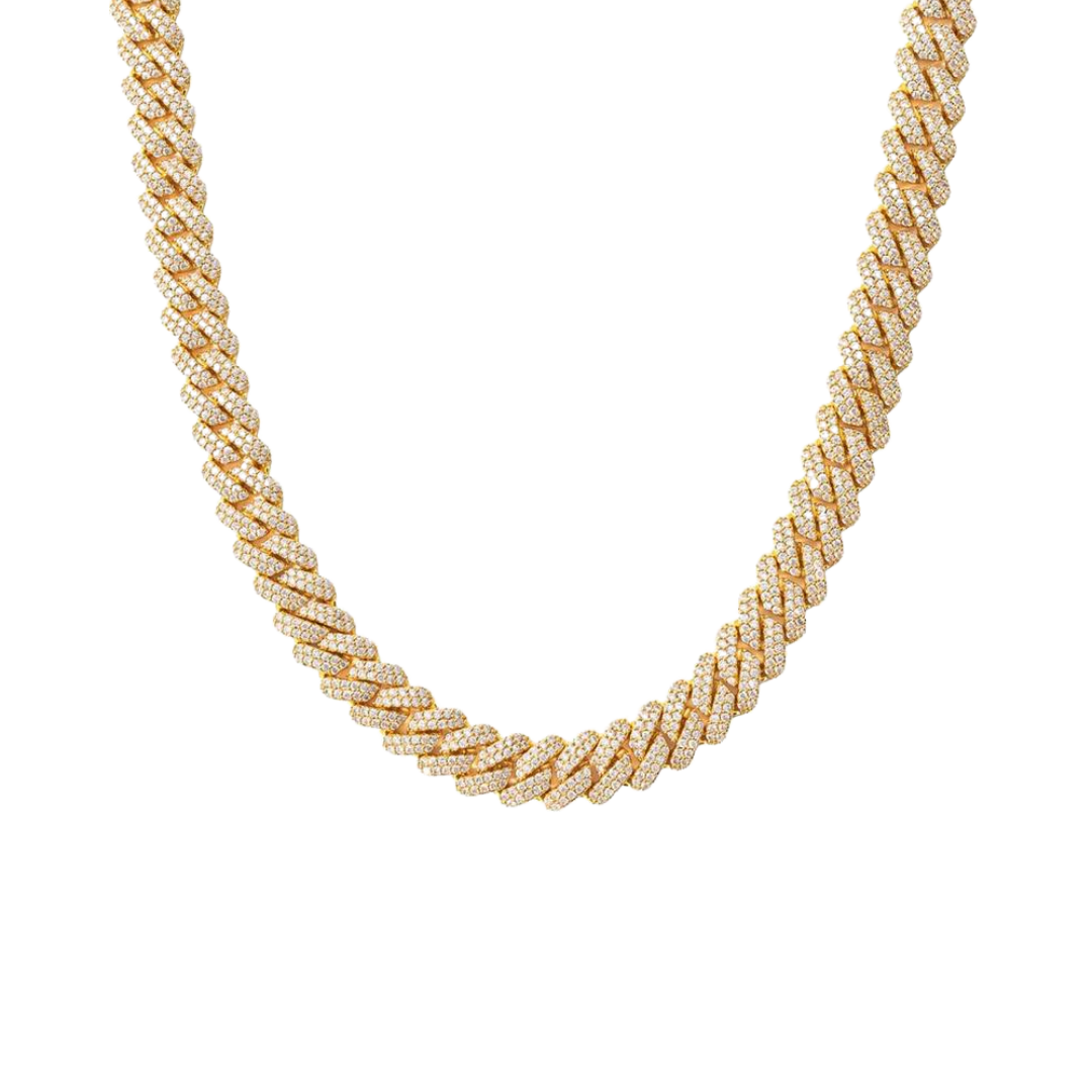 Stylish Iced Prong Chain crafted in 18K Gold with 9MM links, featuring prong-set dazzling gemstones for a sophisticated and eye-catching statement piece.