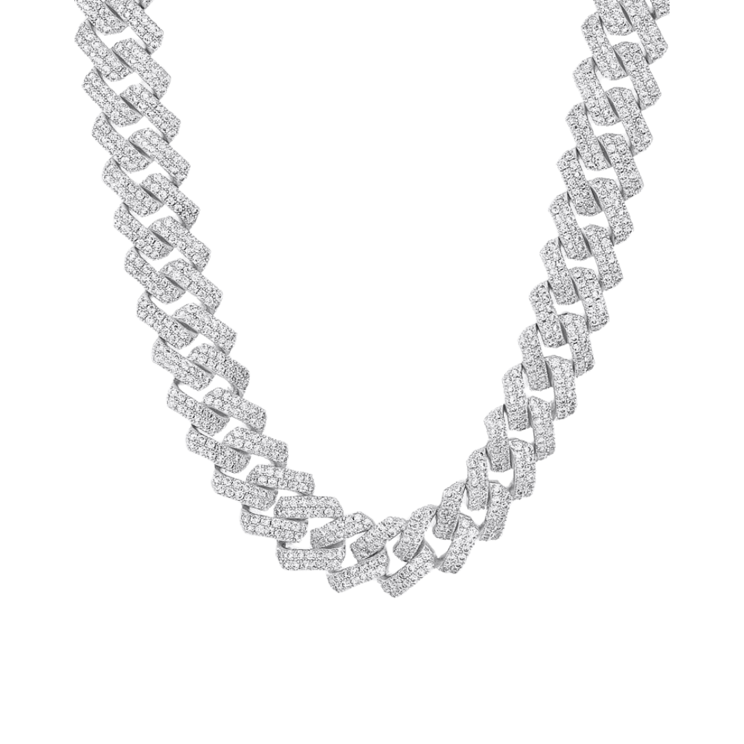 Exquisite Iced Prong Chain crafted in White Gold with 13MM links, featuring prong-set dazzling gemstones for a bold and sophisticated statement piece.