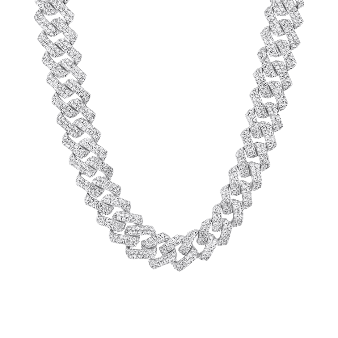 Exquisite Iced Prong Chain crafted in White Gold with 13MM links, featuring prong-set dazzling gemstones for a bold and sophisticated statement piece.