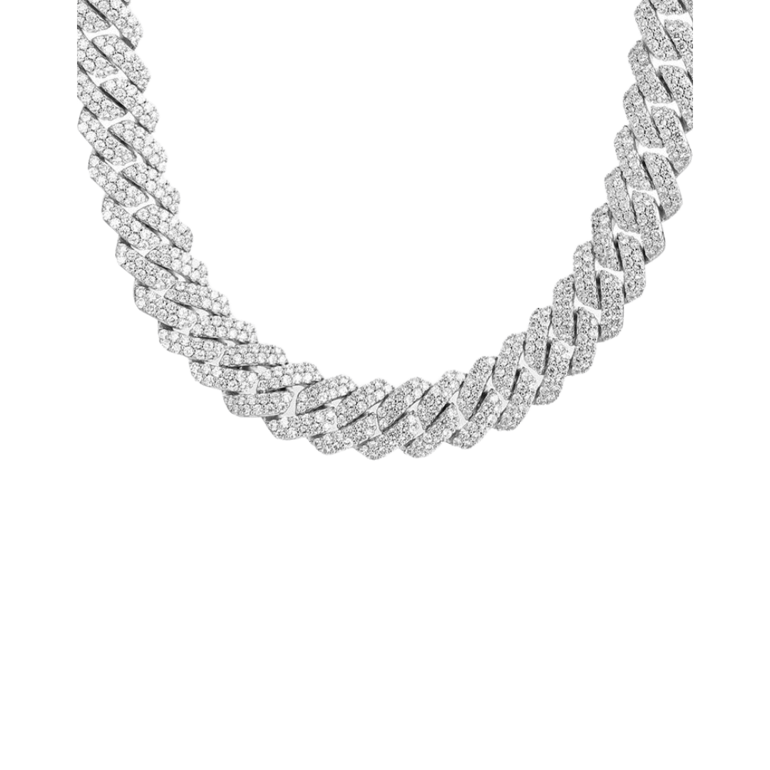 Stunning Iced Prong Chain crafted in White Gold with 18MM links, featuring prong-set dazzling gemstones for an impressive and sophisticated statement piece.