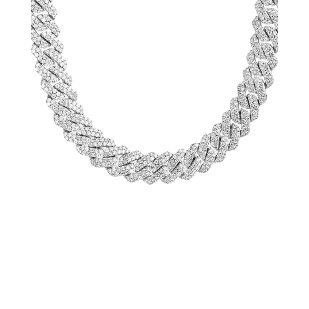 Stunning Iced Prong Chain crafted in White Gold with 18MM links, featuring prong-set dazzling gemstones for an impressive and sophisticated statement piece.