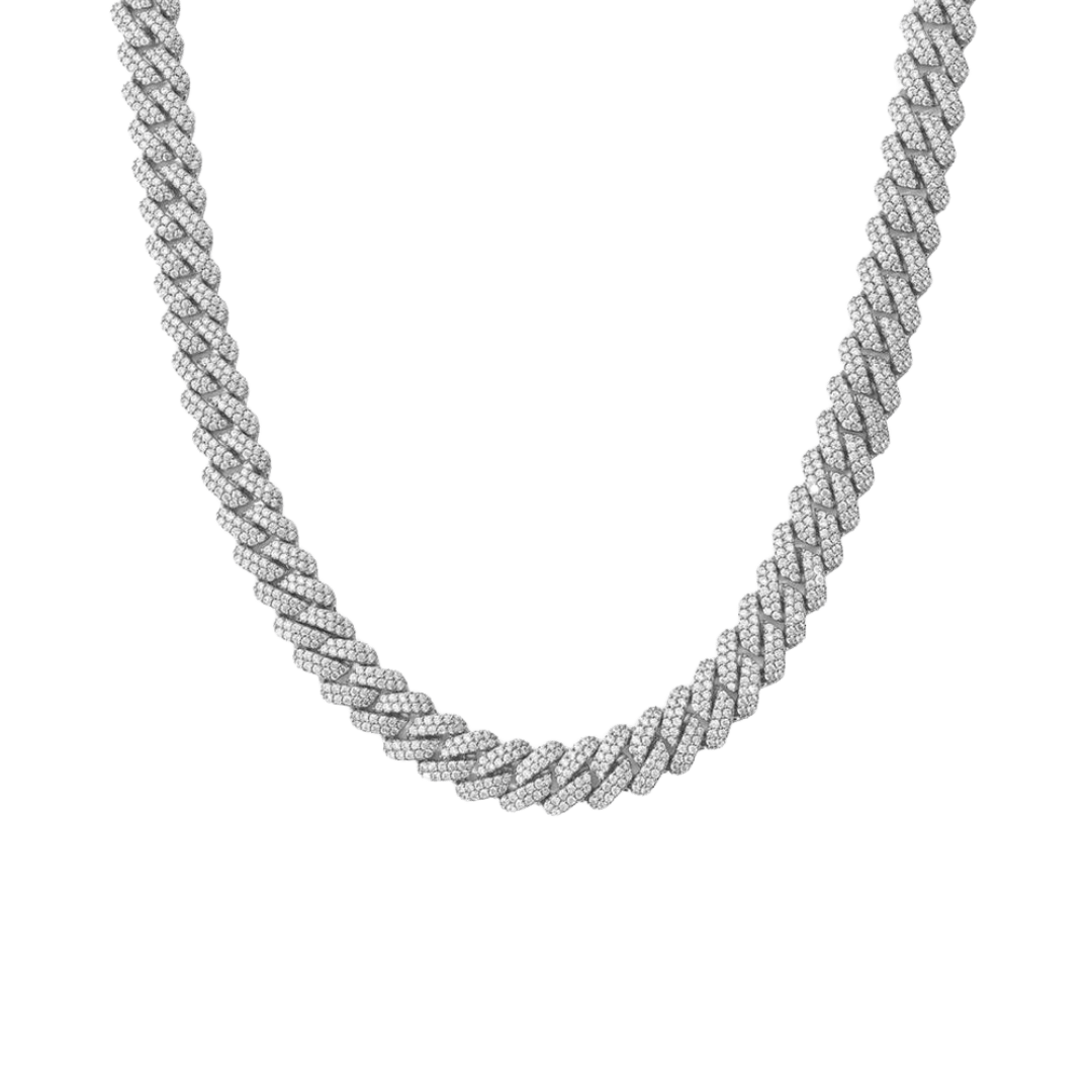 Stylish Iced Prong Chain crafted in White Gold with 9MM links, featuring prong-set dazzling gemstones for a sophisticated and eye-catching statement piece