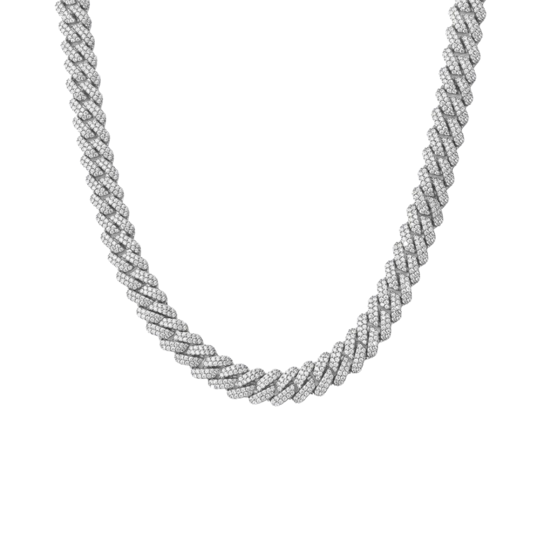 Stylish Iced Prong Chain crafted in White Gold with 9MM links, featuring prong-set dazzling gemstones for a sophisticated and eye-catching statement piece