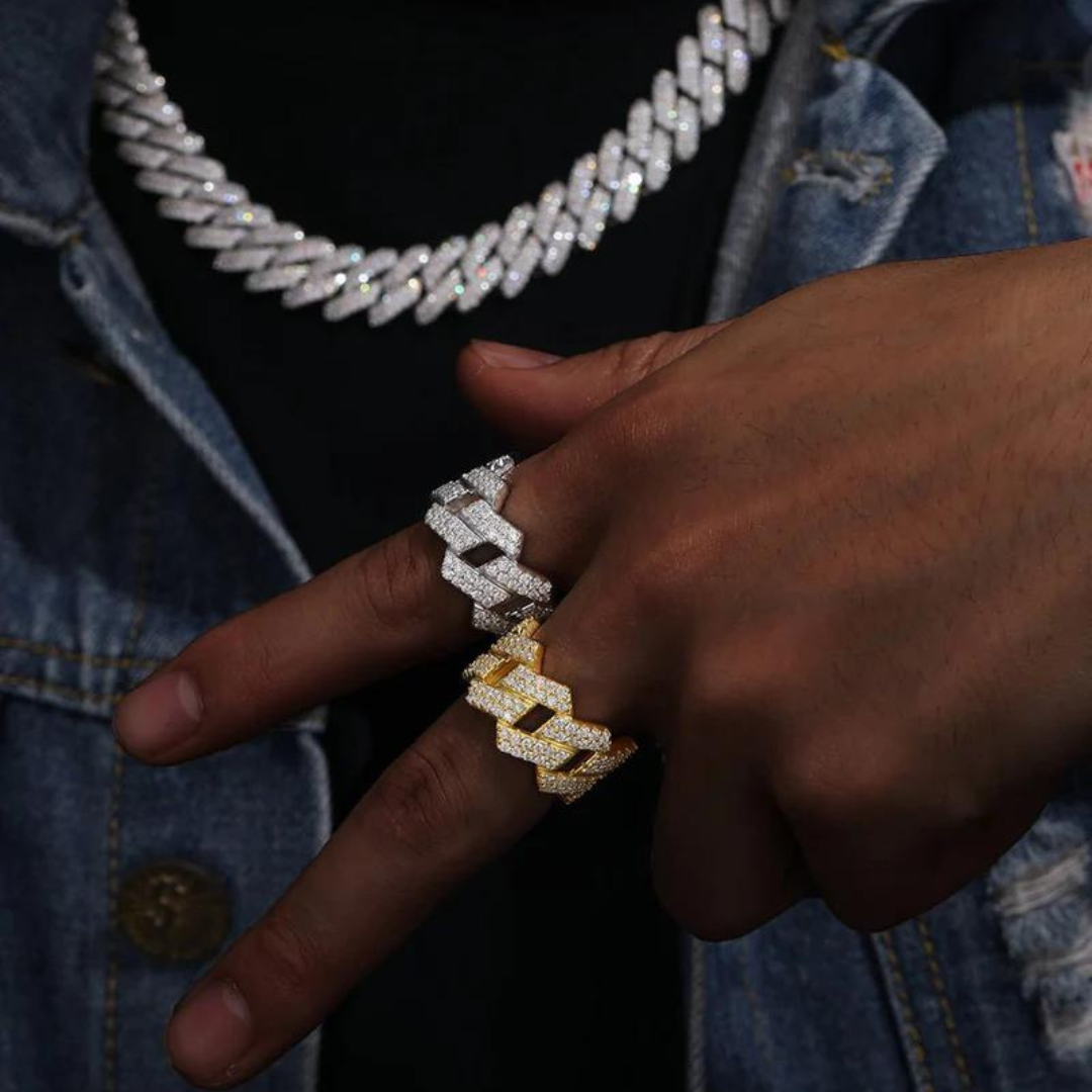 Men's model showcasing the Iced Prong Cuban Ring in White Gold, featuring a striking design with prong-set sparkling gemstones for a high-impact and luxurious accessory.