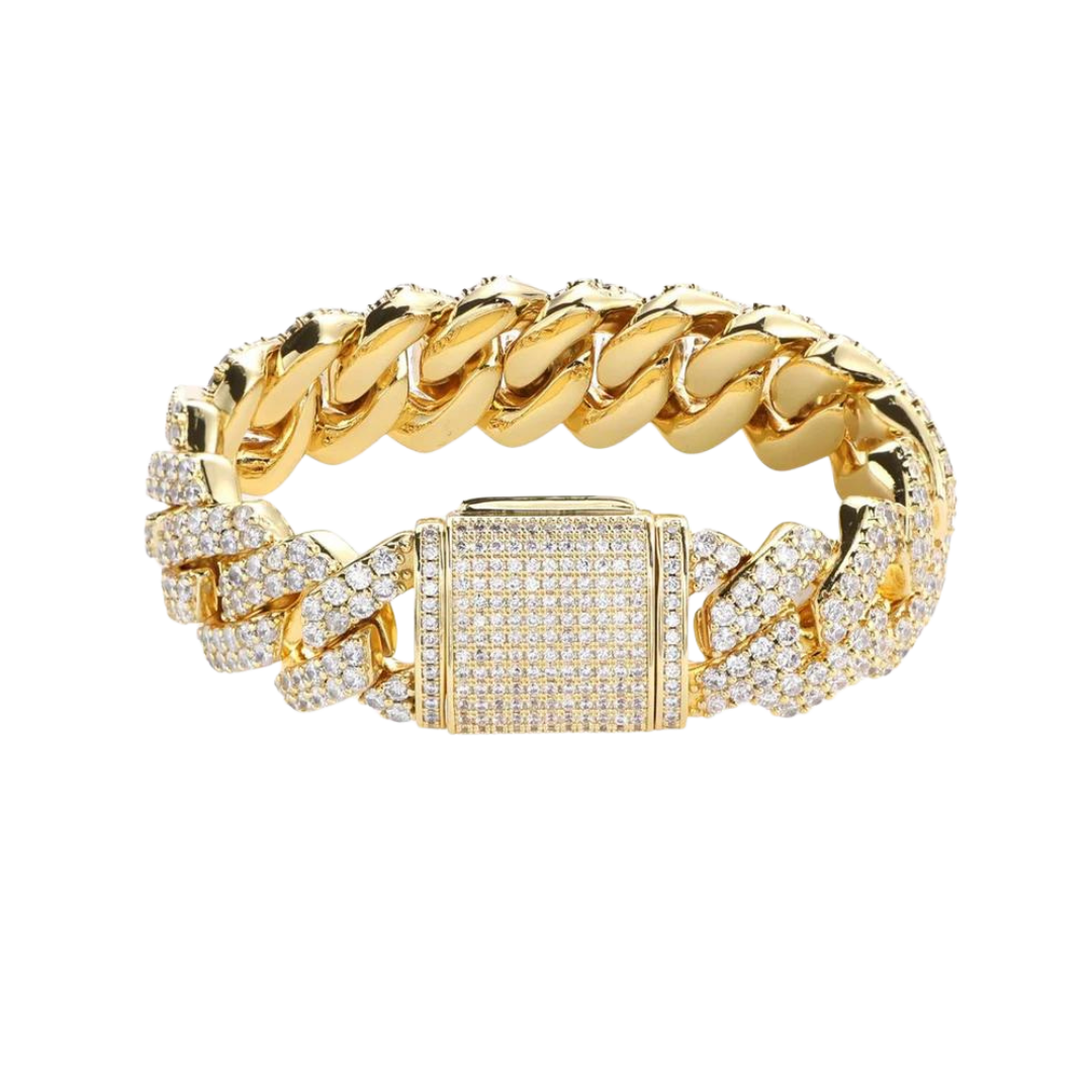 Exquisite Iced Prong Link Bracelet crafted in 18K Gold with 18MM links, featuring prong-set dazzling gemstones for an impressive and sophisticated statement piece.