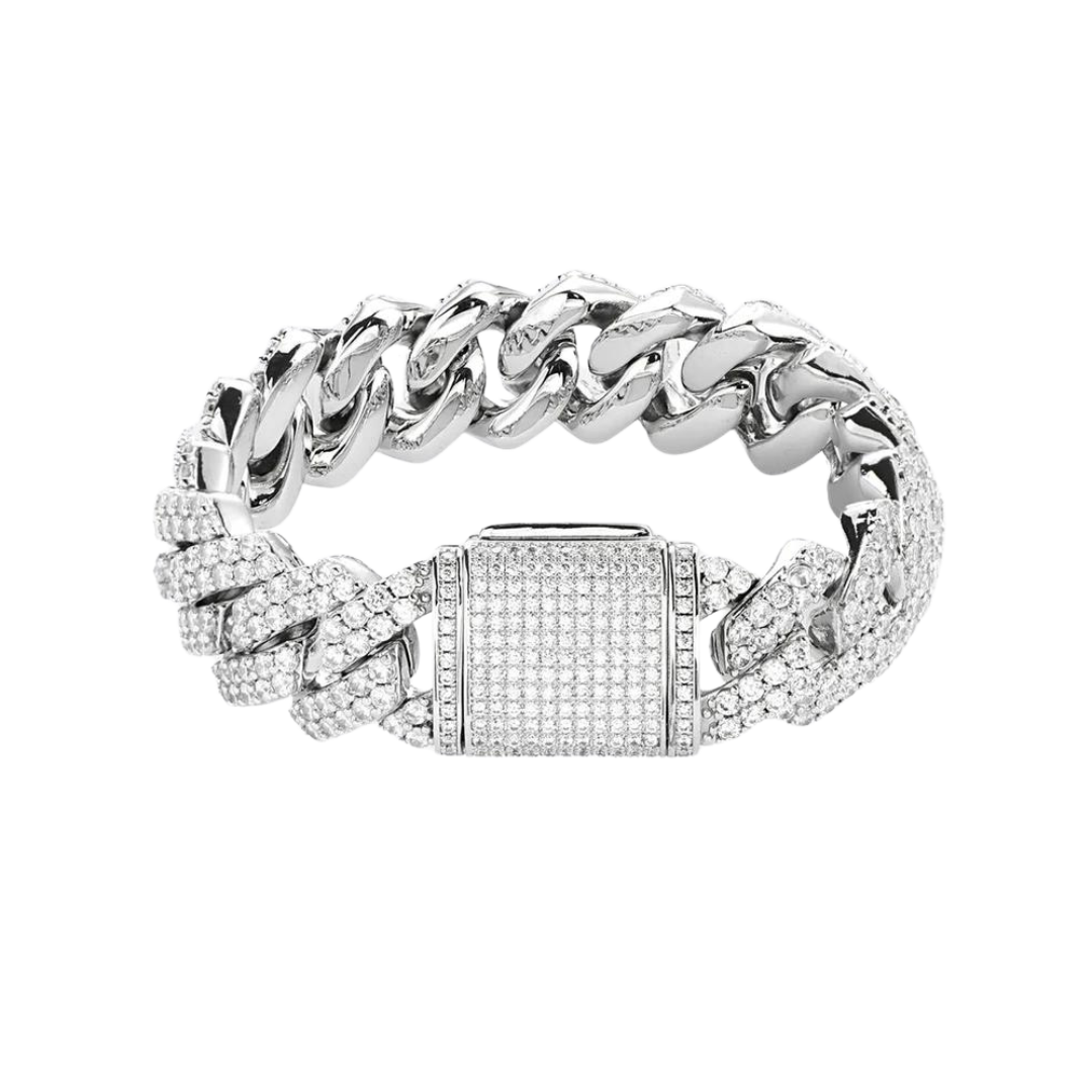 Exquisite Iced Prong Link Bracelet crafted in White Gold with 18MM links, featuring prong-set dazzling gemstones for an impressive and sophisticated statement piece.