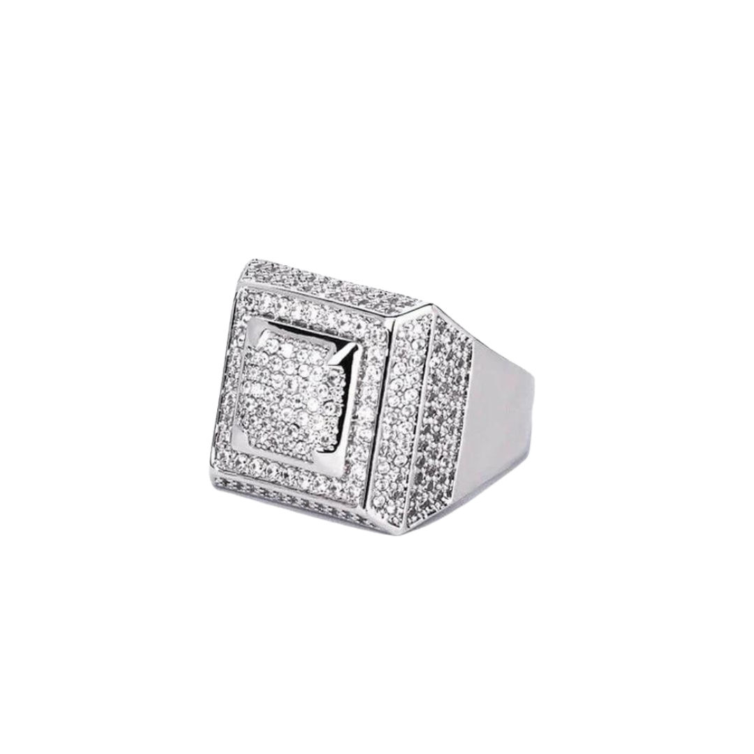 Sophisticated Iced Signet Ring crafted in 925 Sterling Silver with a White Gold finish, featuring prong-set dazzling gemstones for a classic yet striking statement piece.