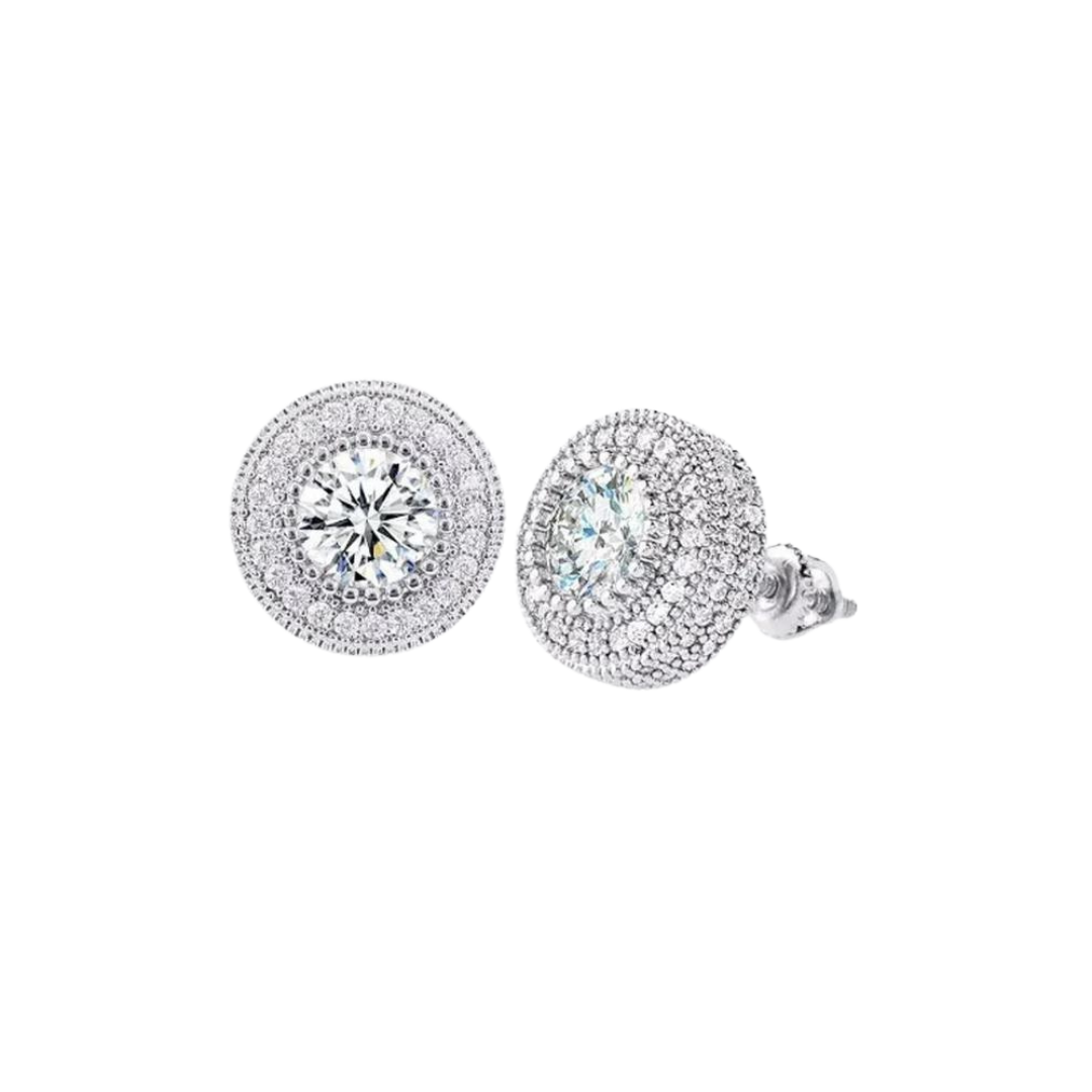 Sleek Iced Studs crafted in 925 Sterling Silver with a White Gold finish, featuring prong-set dazzling gemstones for a modern and elegant accessory.