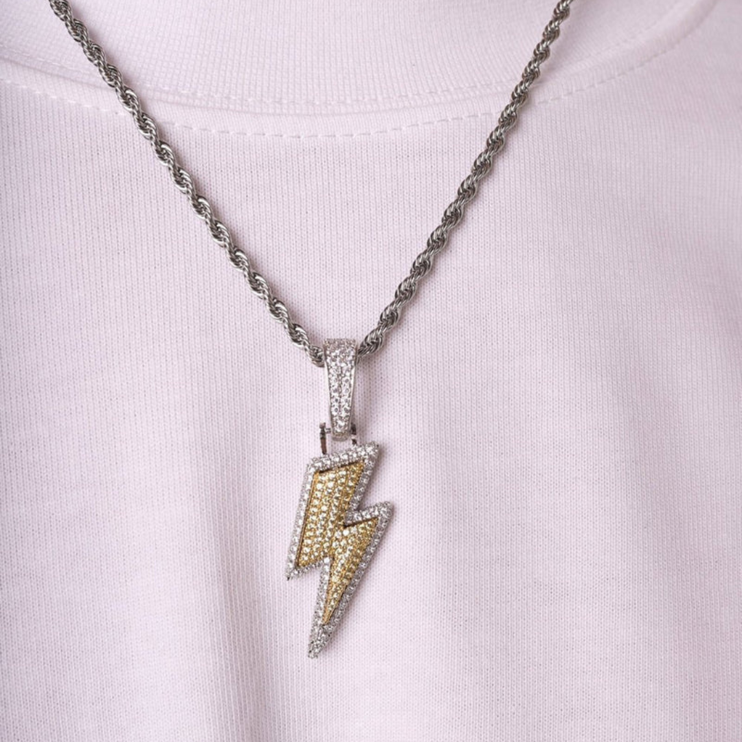 Men's model showcasing the Lightning Pendant in White Gold, highlighting its edgy design and sparkling details for a high-impact and fashionable accessory.