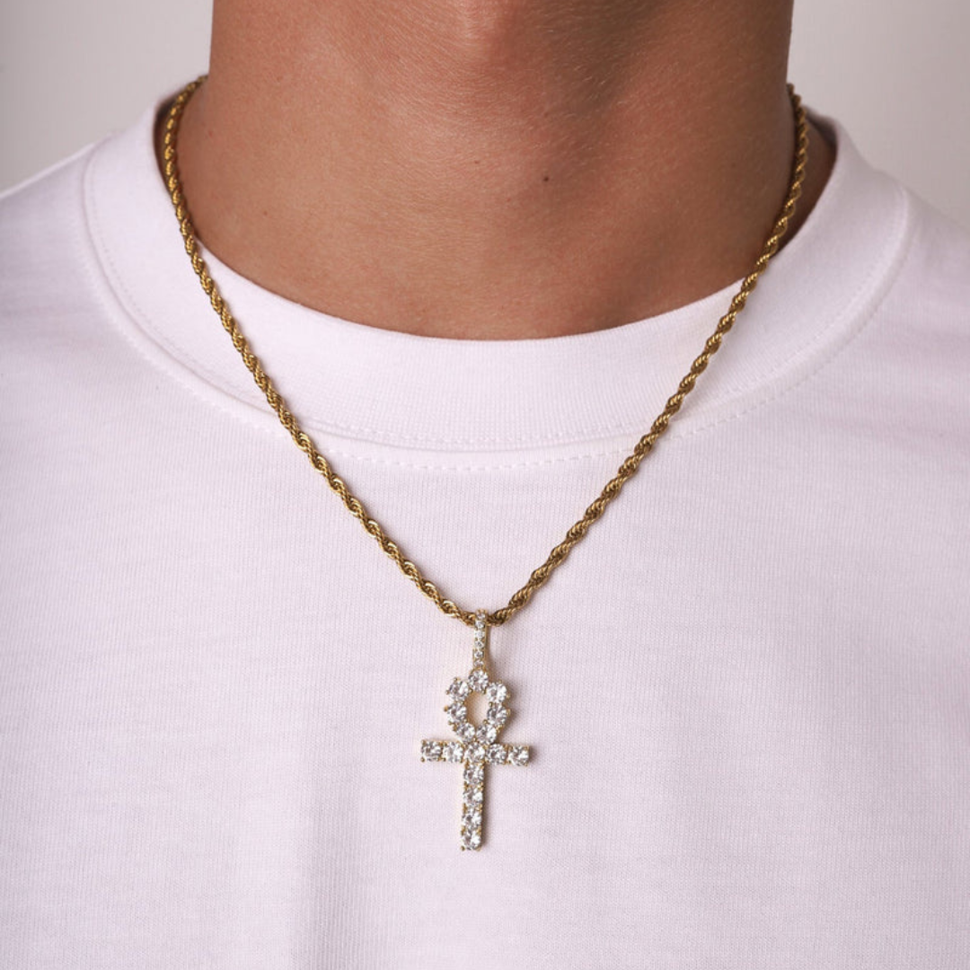 Model wearing 18K Gold Ankh Pendant, showcasing the Egyptian symbol of life with a polished finish.