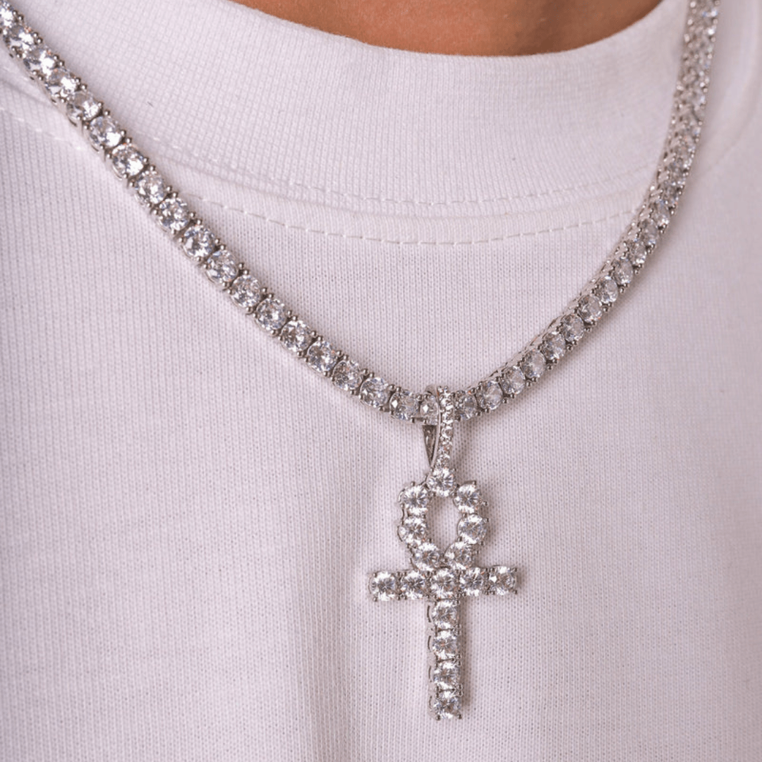 Model wearing white gold Ankh Pendant, side view, highlighting detailed craftsmanship and elegance.