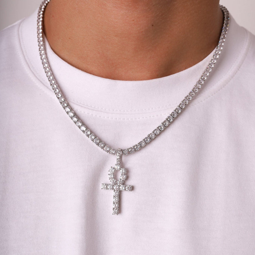 Model wearing White Gold Ankh Pendant, showcasing the Egyptian symbol of life with a polished finish.