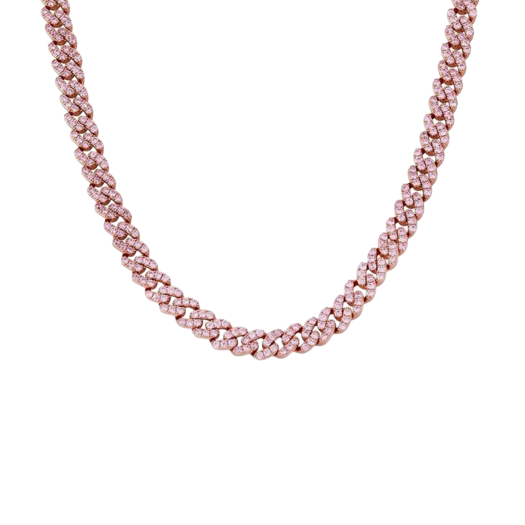 Stylish Pink Cuban Link Chain in Rose Gold with 8MM links, featuring a sleek and modern design with a vibrant pink hue for a bold and luxurious statement.