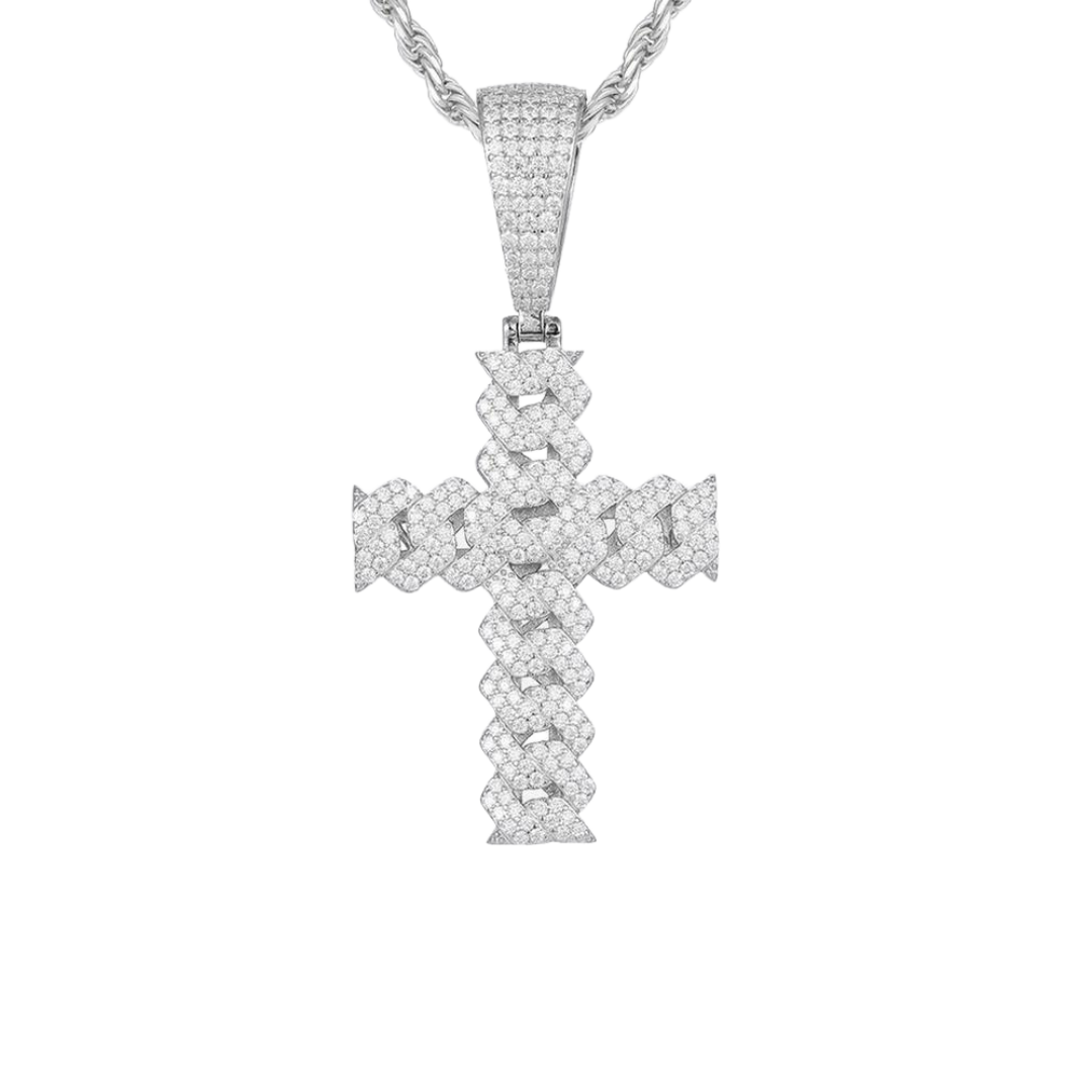 Exquisite Prong Cross Pendant crafted in 925 Sterling Silver with a White Gold finish, featuring dazzling Moissanite stones for a sophisticated and radiant statement piece.