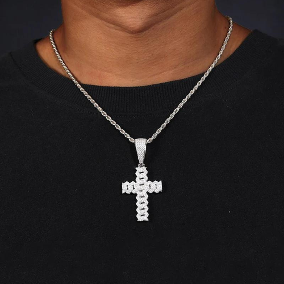 Men's model showcasing the Prong Cross Pendant in 925 Sterling Silver with a White Gold finish and Moissanite stones, highlighting its elegant design and brilliant sparkle for a refined and luxurious accessory.