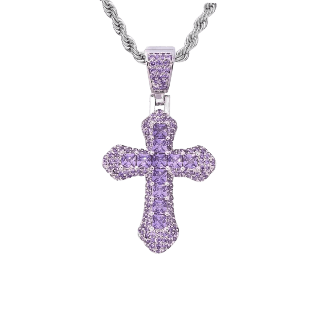 Elegant Purple Cross Pendant crafted in White Gold, featuring a striking purple gemstone for a bold and sophisticated statement piece with a luxurious finish.