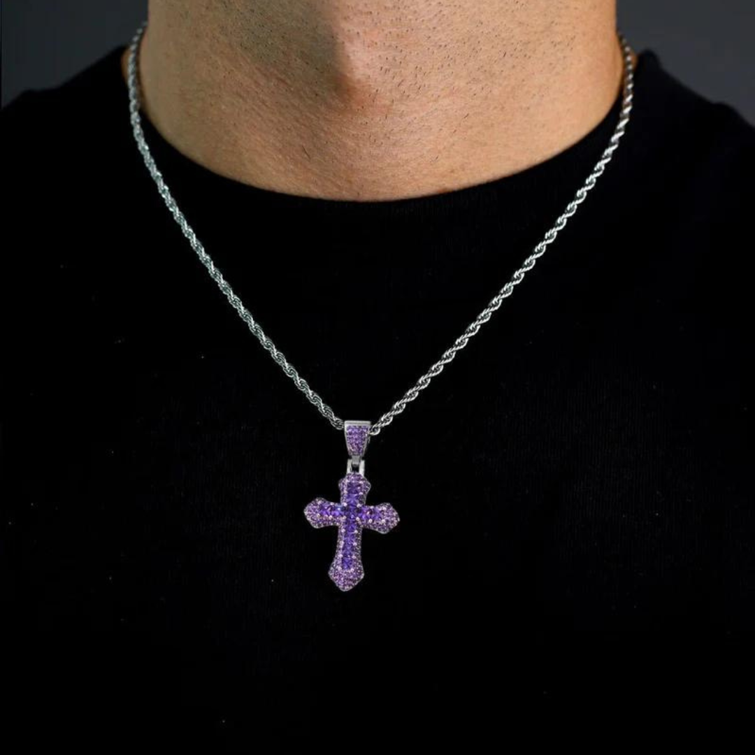 Men's model showcasing the Purple Cross Pendant in White Gold, highlighting its bold design and vibrant purple gemstone for a refined and high-impact accessory.