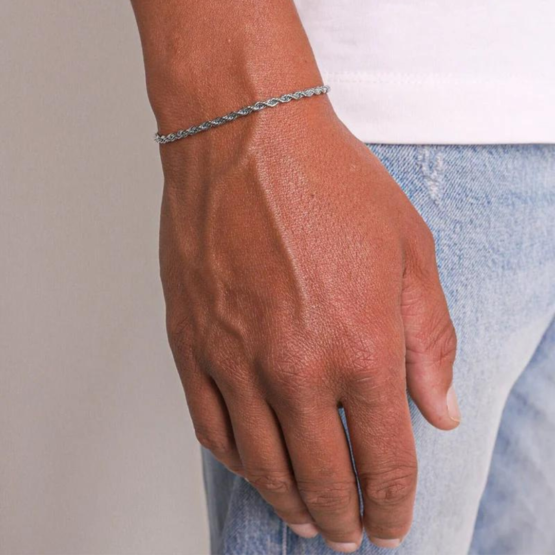 Men's model showcasing the Rope Bracelet in White Gold with 3MM links, highlighting its sleek design and high-quality finish for a stylish and sophisticated statement.