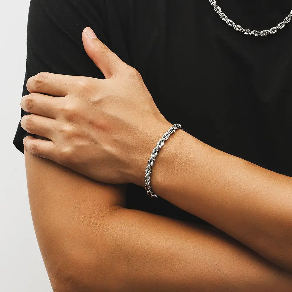 Men's model showcasing the Rope Bracelet in White Gold with 6MM links, emphasizing its elegant design and high-quality finish for a bold and refined statement.