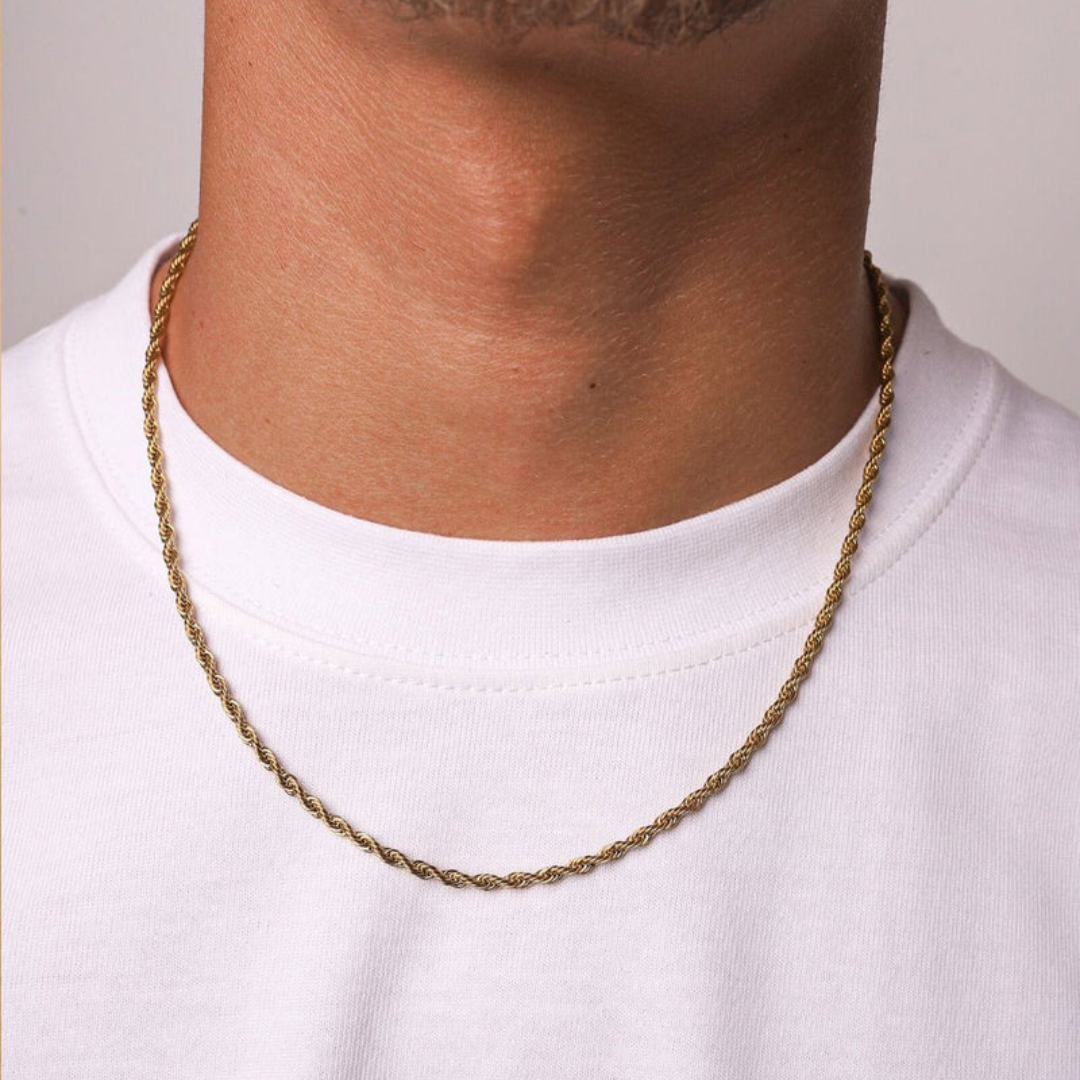 Men's model showcasing the Rope Chain in 18K Gold with 3MM links, highlighting its elegant design and high-quality finish for a stylish and sophisticated statement.