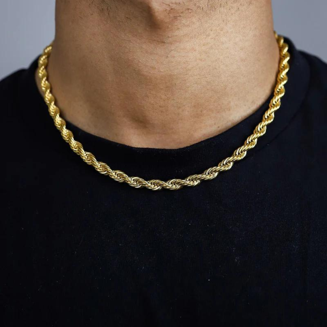 Men's model showcasing the Rope Chain in 18K Gold with 6MM links, highlighting its bold design and opulent finish for a stylish and high-end statement piece.