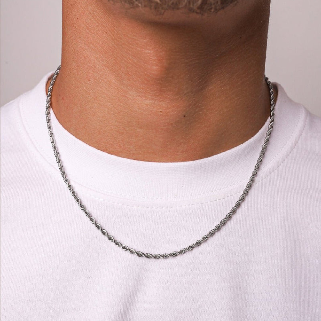 Men's model showcasing the Rope Chain in White Gold with 3MM links, highlighting its sleek design and high-quality finish for a stylish and refined statement piece.