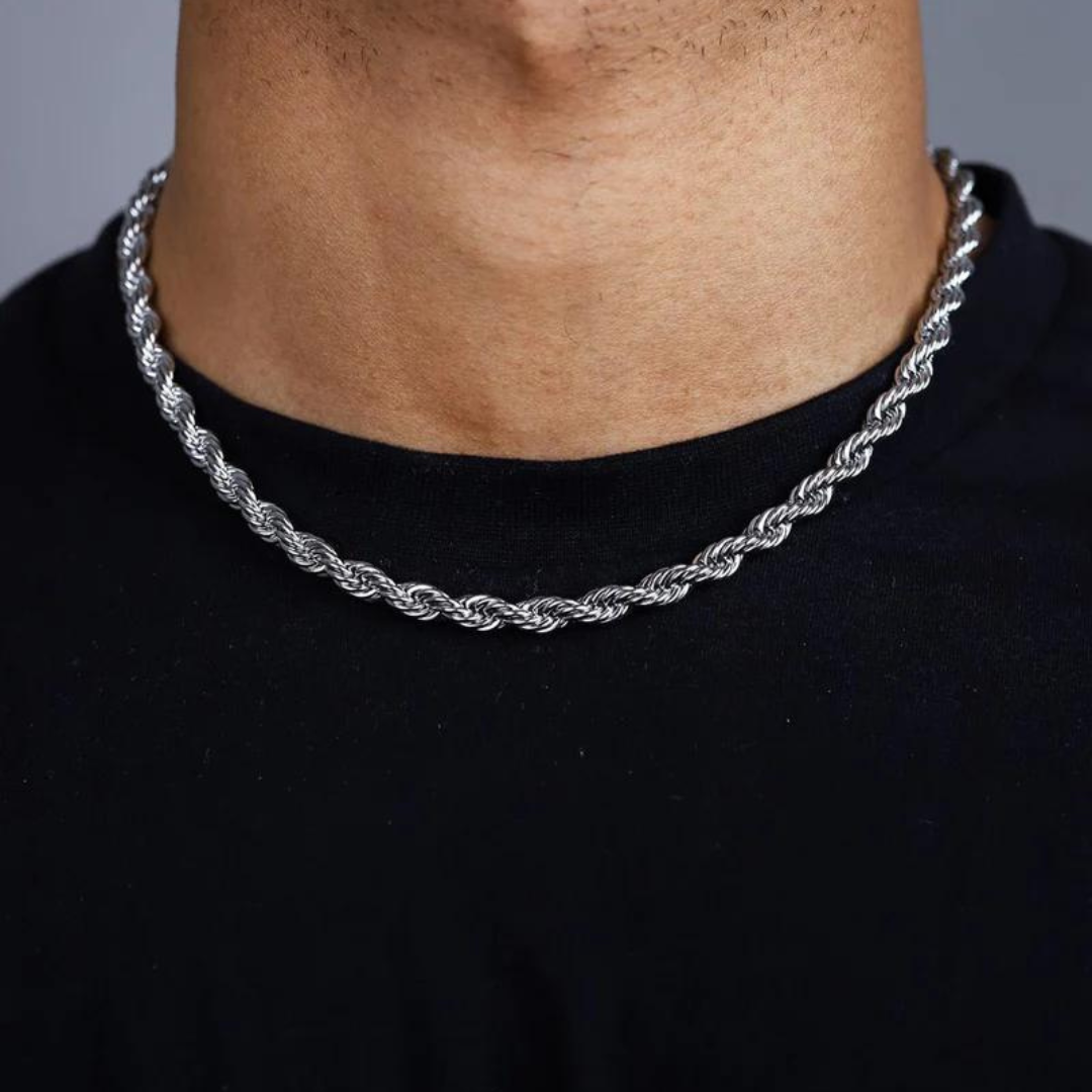 Men's model showcasing the Rope Chain in White Gold with 6MM links, highlighting its bold design and high-quality finish for a stylish and refined statement piece.