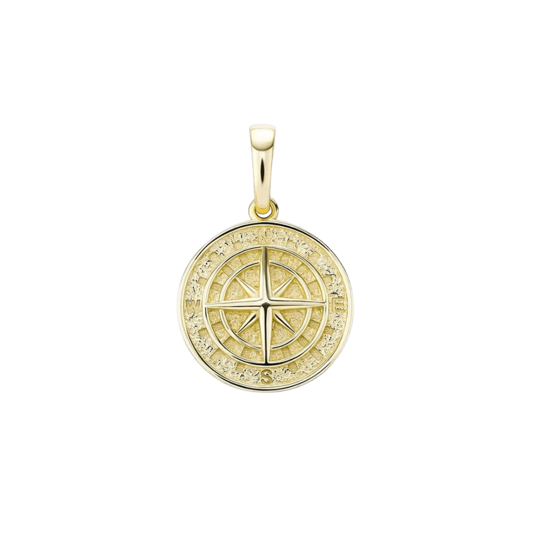 Exquisite Solid Compass Pendant crafted from 925 Sterling Silver and 14K Gold, featuring a classic design and luxurious finish. Includes a free matching chain for a complete and stylish look.