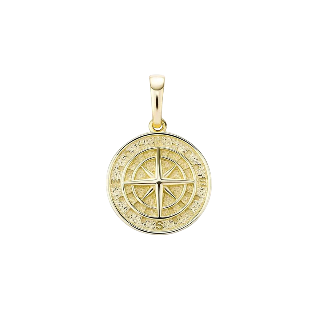 Exquisite Solid Compass Pendant crafted from 925 Sterling Silver and 14K Gold, featuring a classic design and luxurious finish. Includes a free matching chain for a complete and stylish look.