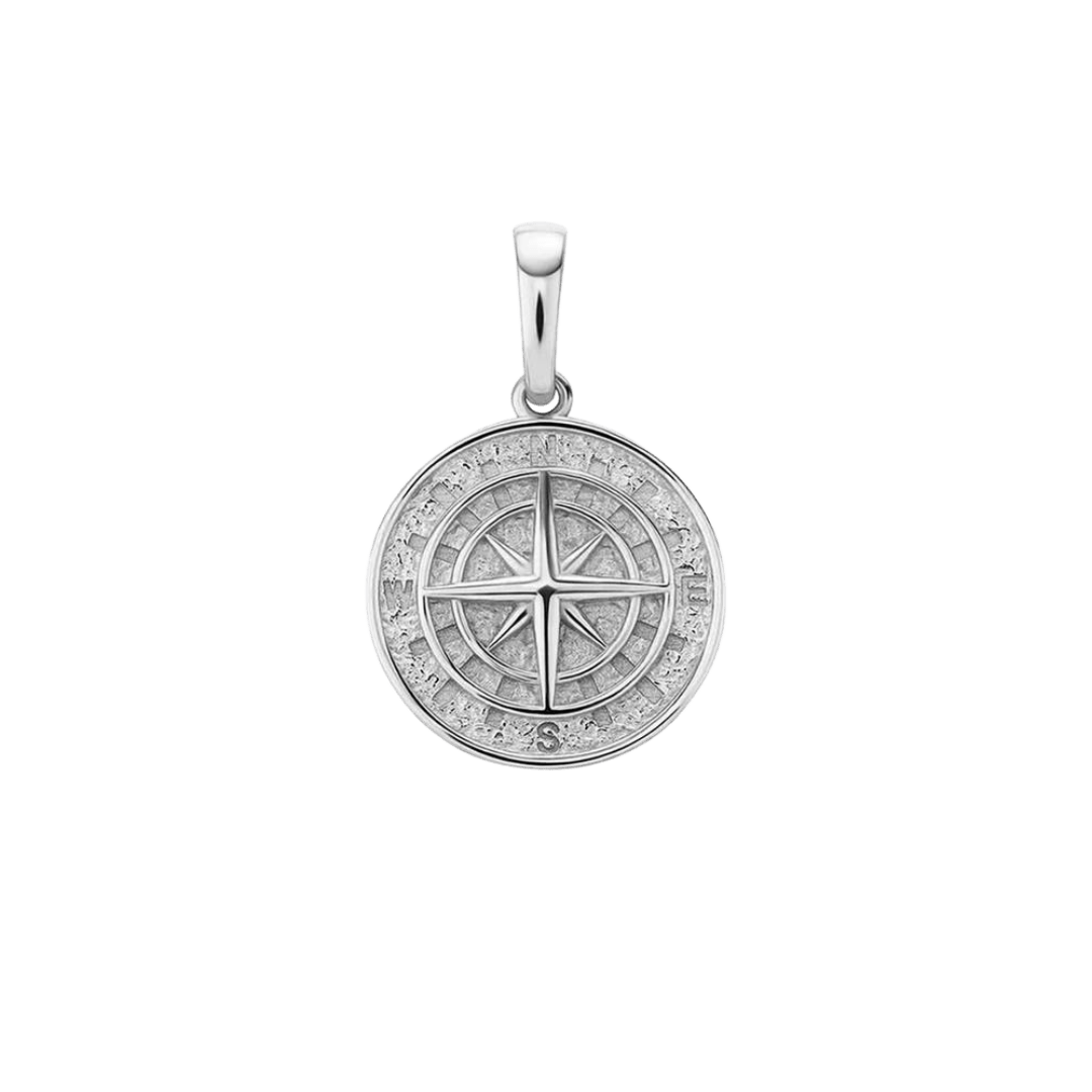 Elegant Solid Compass Pendant crafted from 925 Sterling Silver and finished in White Gold. Includes a free matching chain for a complete and luxurious look.