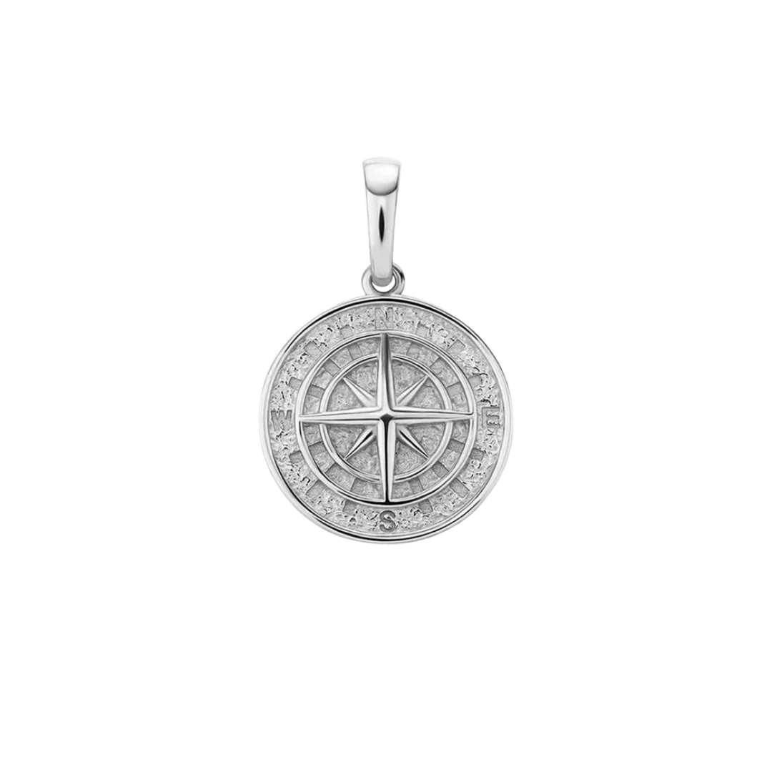 Elegant Solid Compass Pendant crafted from 925 Sterling Silver and finished in White Gold. Includes a free matching chain for a complete and luxurious look.