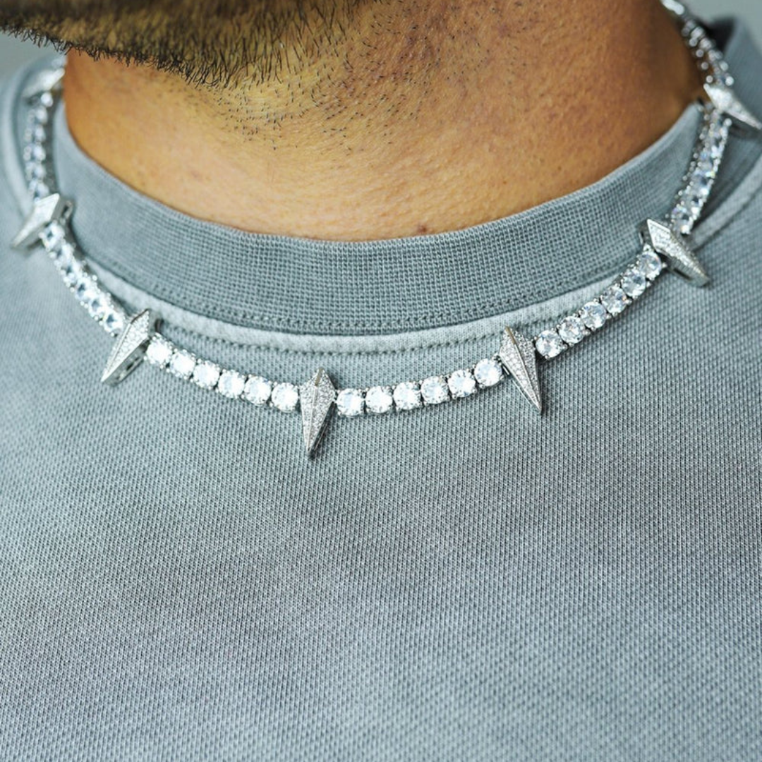 Men's model showcasing the Spiked Chain in White Gold with 5MM links, highlighting its bold spiked design and luxurious finish for a stylish and high-impact look.