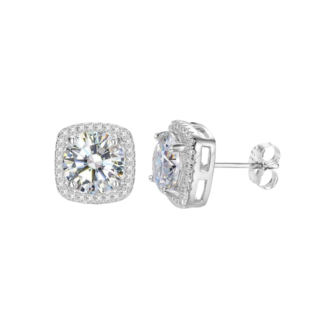 Elegant Square Crystal Studs crafted from 925 Sterling Silver and finished in White Gold, featuring dazzling Moissanite stones for a sophisticated and luxurious look.