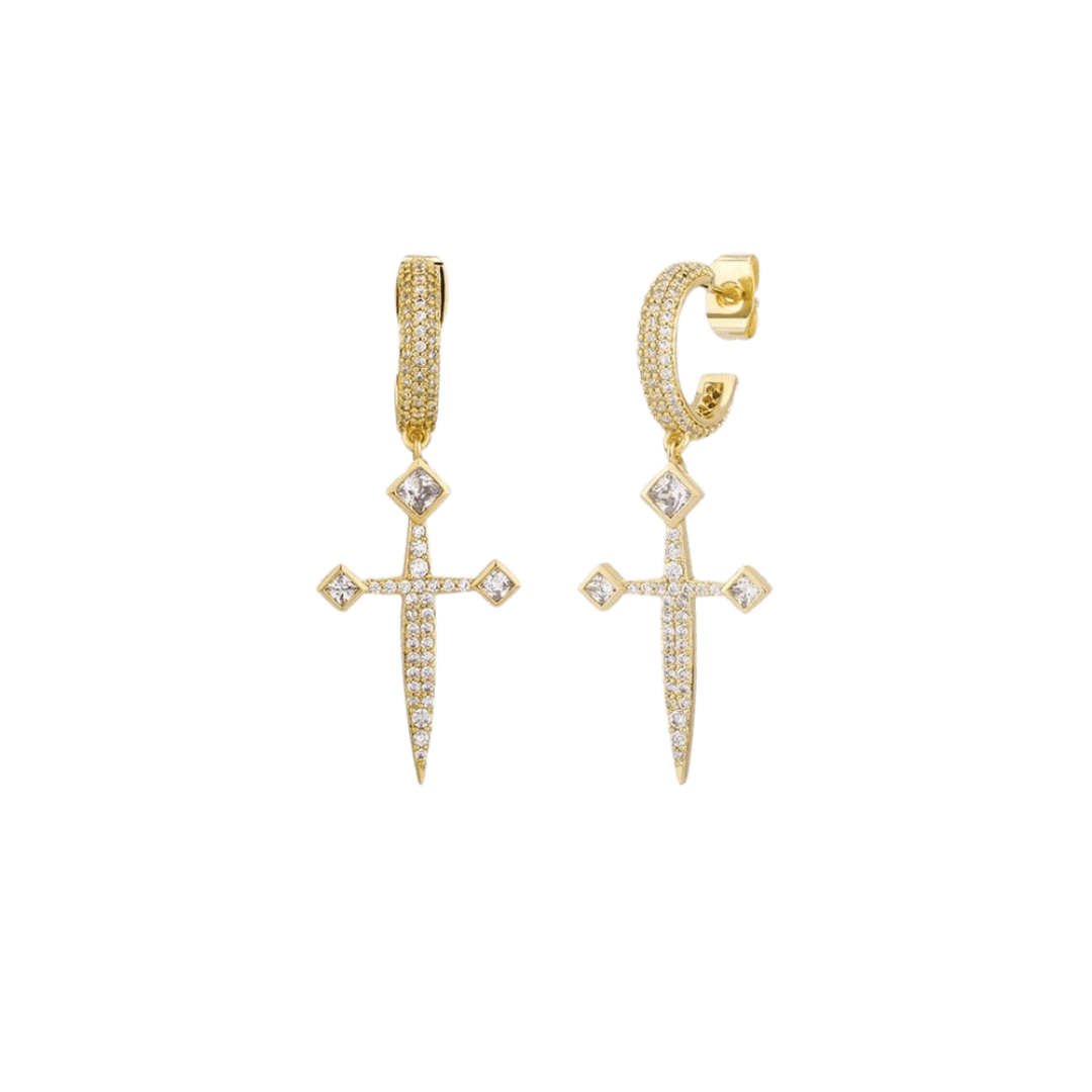 Bold Sword Earrings crafted from 14K Gold, featuring a unique and edgy design that adds a touch of sophistication and luxury to any look. Perfect for a standout accessory.