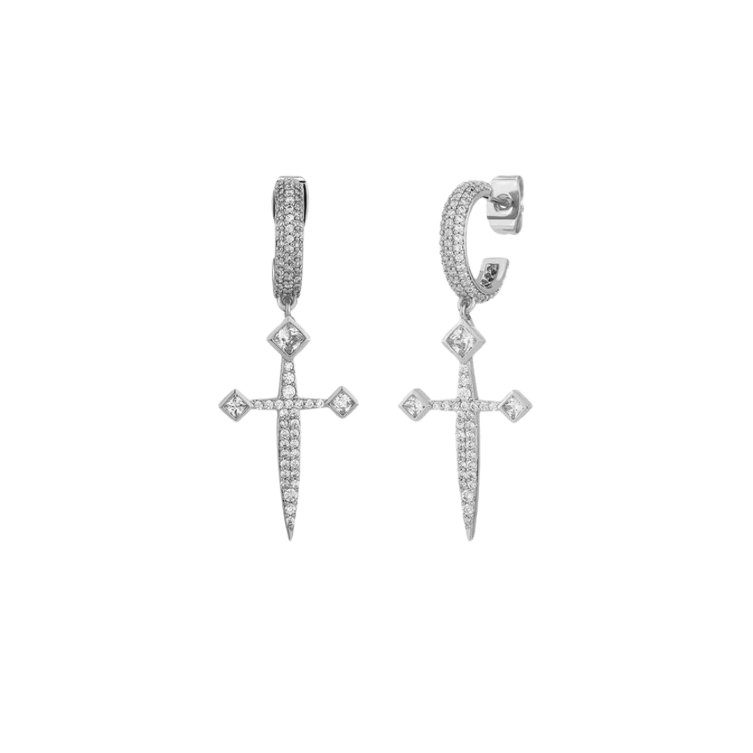 Striking Sword Earrings crafted in White Gold, featuring a bold and edgy design that adds a touch of sophistication and elegance to any look. Perfect for making a statement.