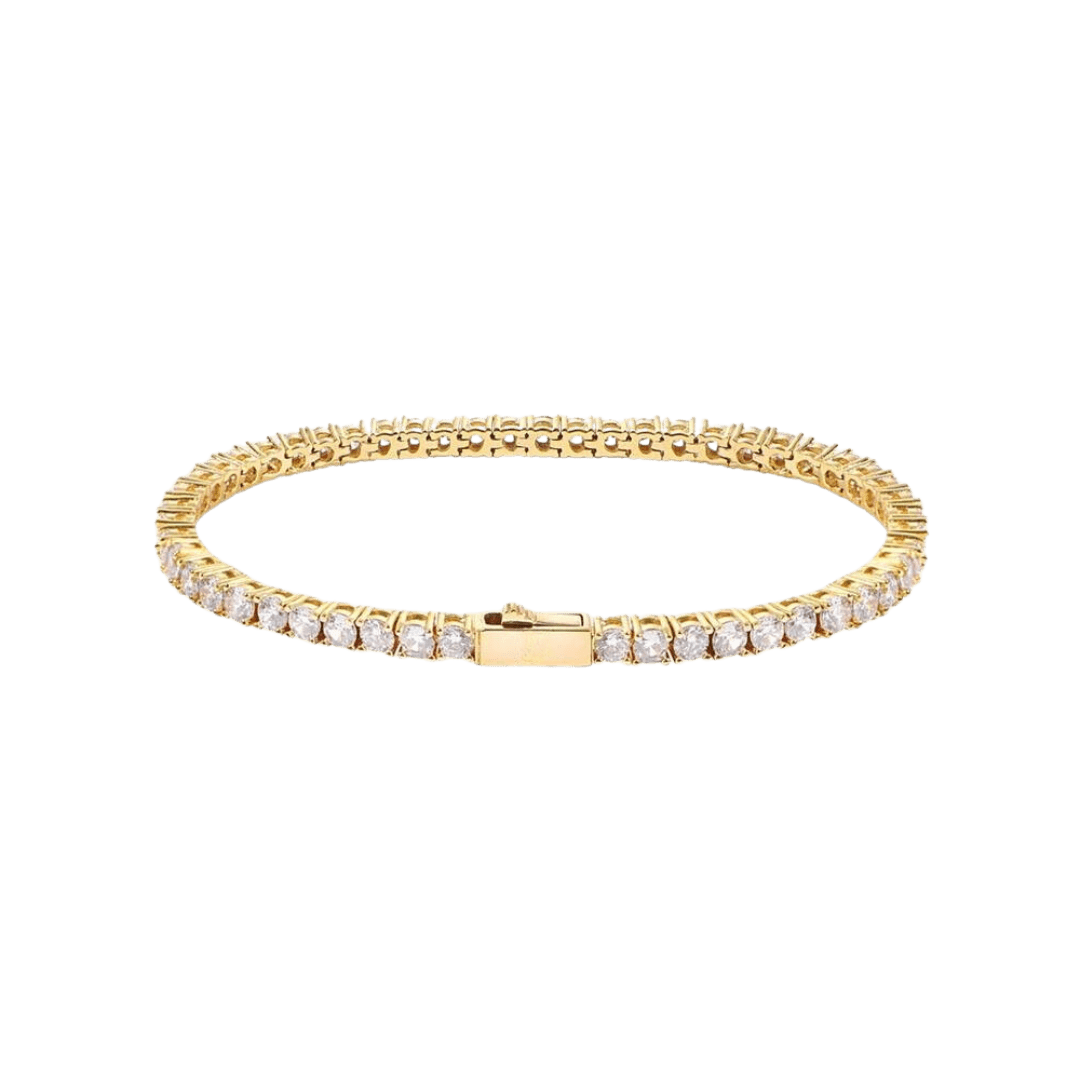 Elegant Tennis Bracelet crafted in 18K Gold with 3MM links, featuring a classic and luxurious design perfect for adding a touch of sophistication to any ensemble.