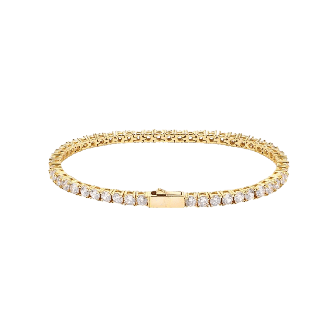 Stylish Tennis Bracelet crafted in 18K Gold with 4MM links, featuring a timeless and elegant design that adds a touch of luxury and sophistication to any look.