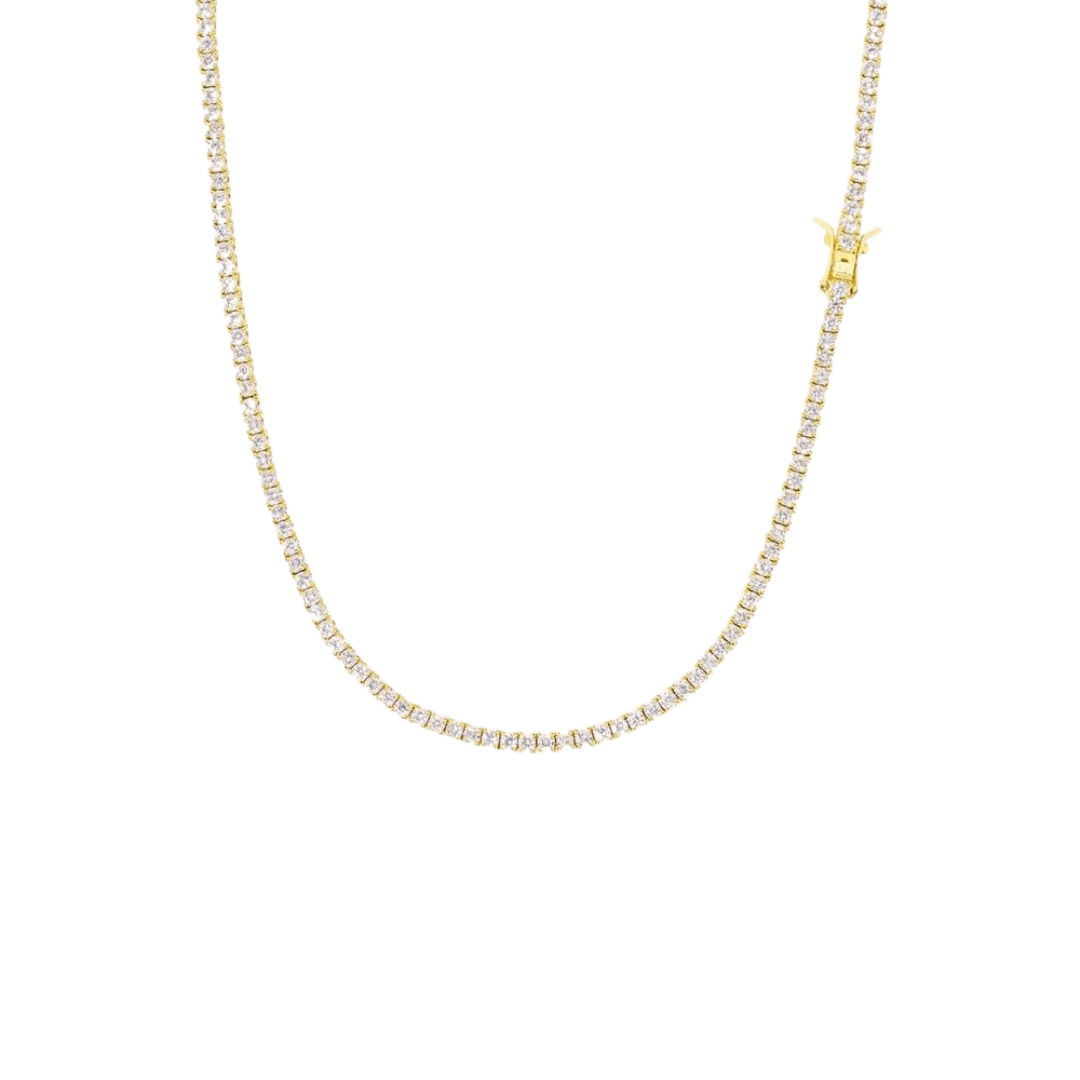 Sleek Tennis Chain crafted in 18K Gold with 2.5MM links, featuring a refined and elegant design that adds a touch of luxury and sophistication to any outfit.