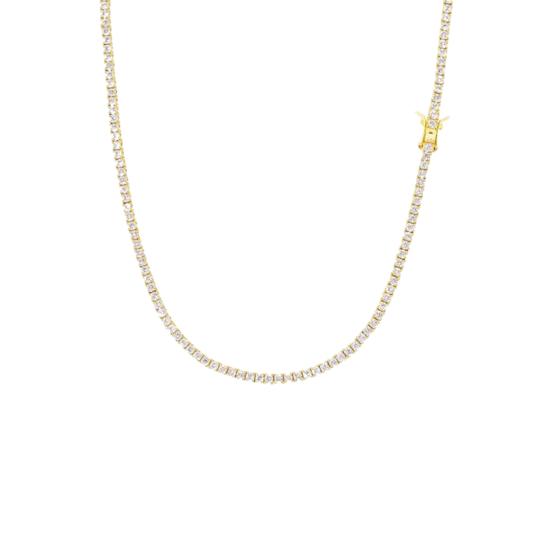 Sleek Tennis Chain crafted in 18K Gold with 2.5MM links, featuring a refined and elegant design that adds a touch of luxury and sophistication to any outfit.